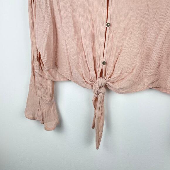 Billabong Pale Pink Cropped Tie Front Shirt with Buttons Ruffle Sleeves- Size S - Picture 4 of 4